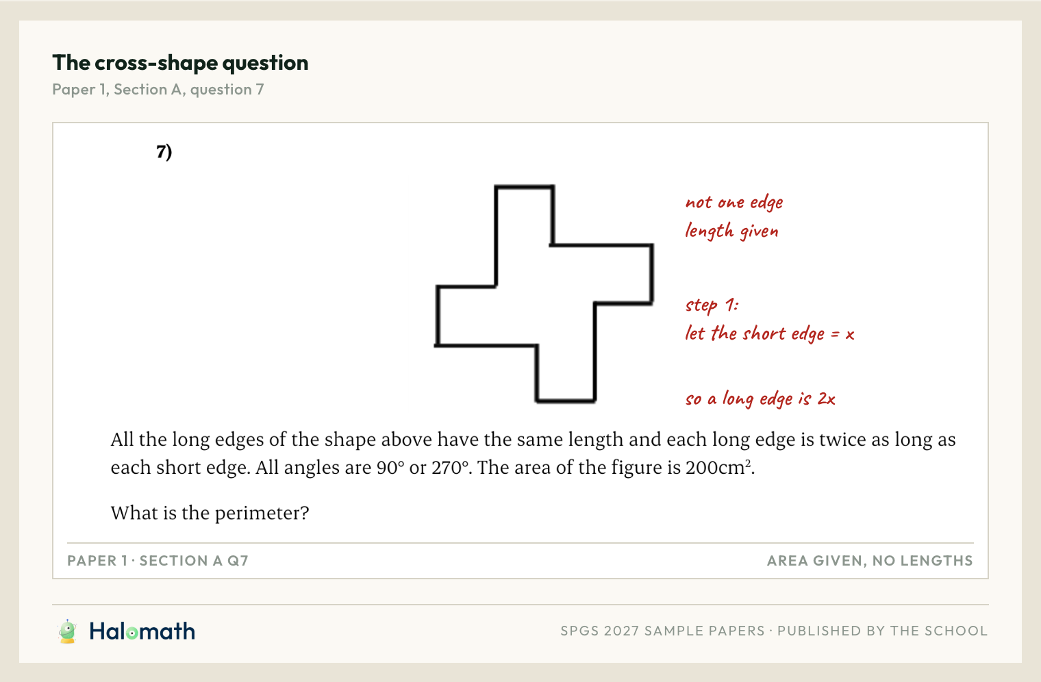 The cross-shape question from Paper 1 Section A, annotated in red to show that no edge length is given