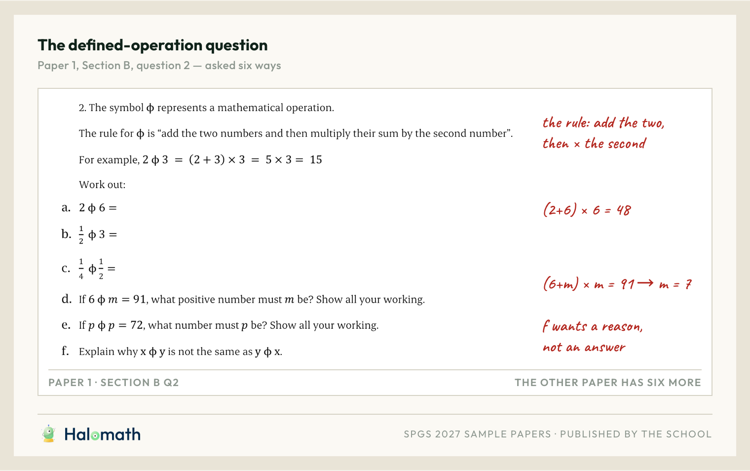 The defined-operation question from Paper 1 Section B, with the rule and each part annotated in red