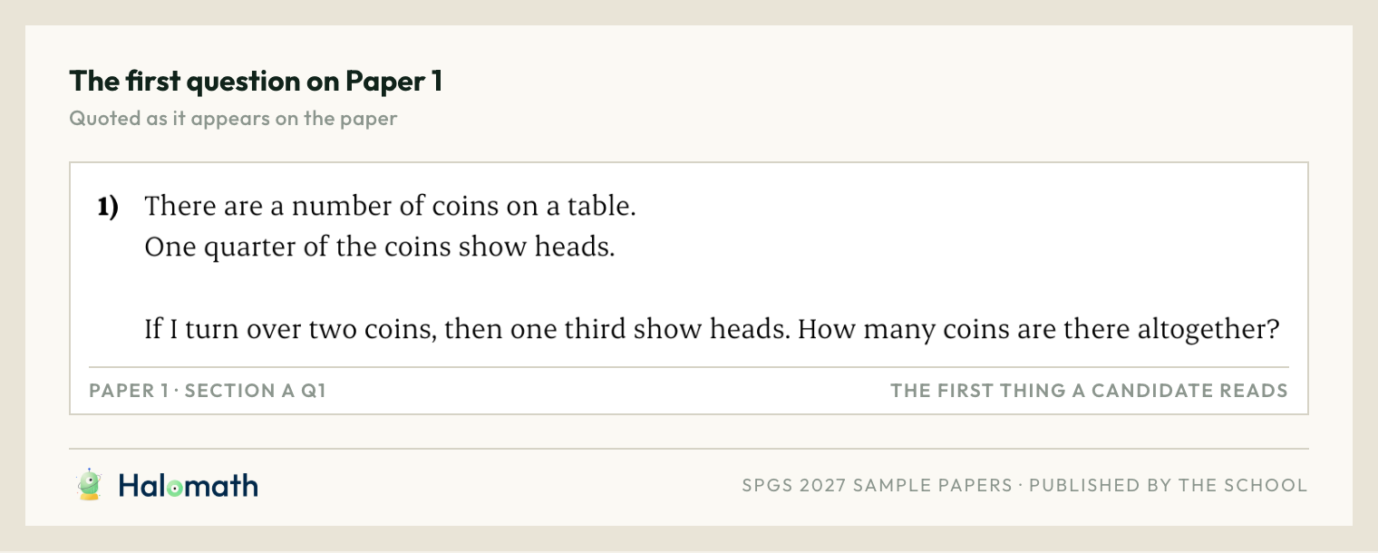 The first question on Paper 1: a number of coins on a table, one quarter showing heads; turning two over leaves one third showing heads, and the question asks how many coins there are altogether