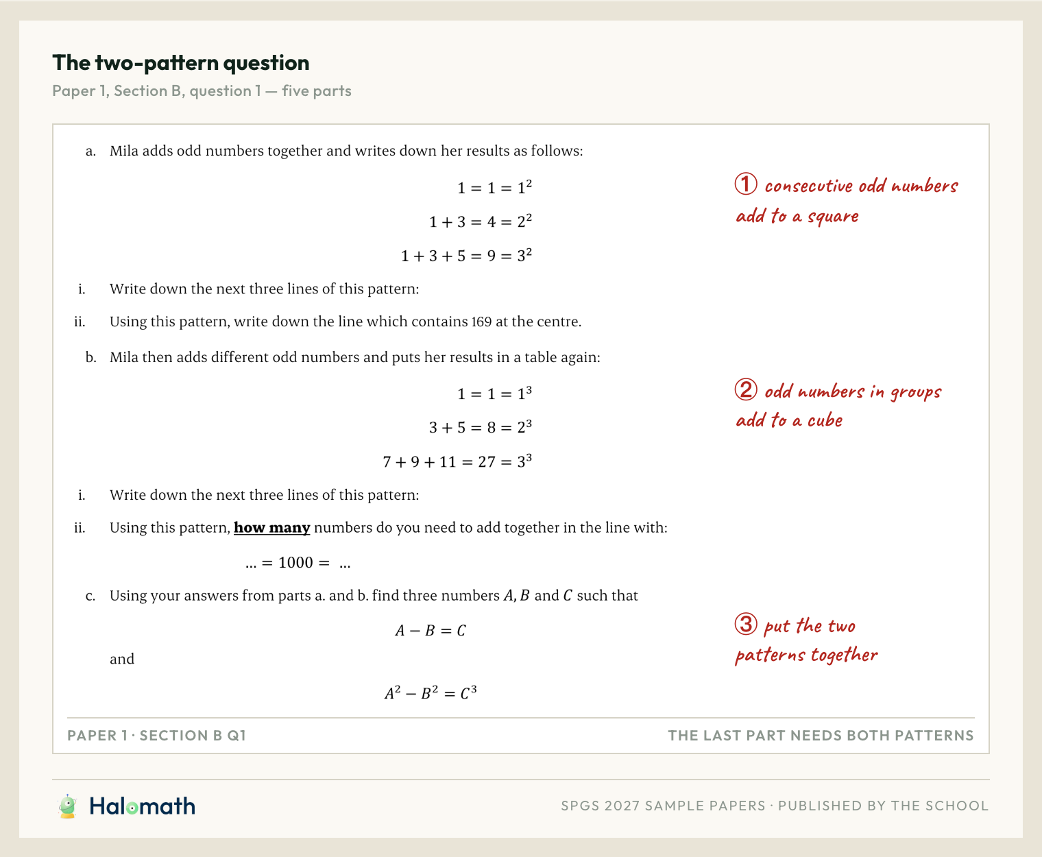 The two-pattern question from Paper 1 Section B, with both patterns and the final part numbered in red